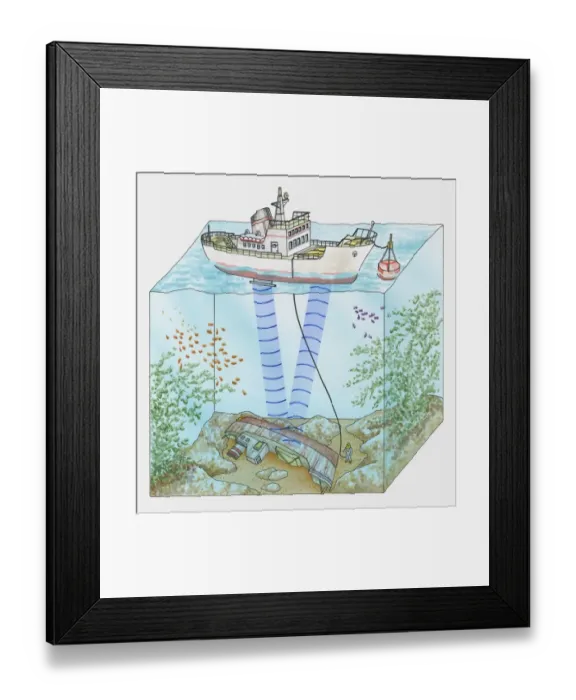 Framed Print : Cross section illustration of measuring distance from surface of water to ship on ocean floor using Framed Print : Cross section illustration of measuring distance from surface of water to ship on ocean floor using