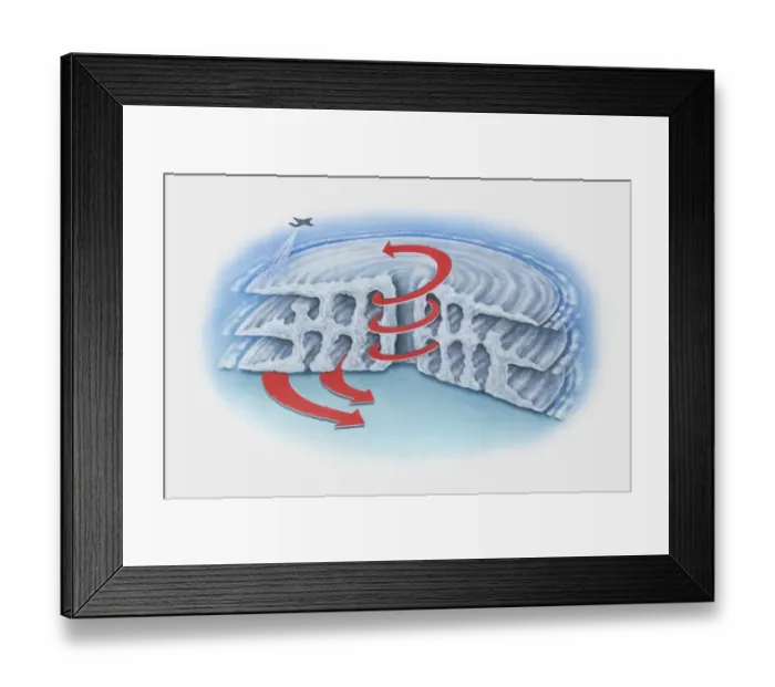 Framed Print : Illustration of commercial airplane flying above hurricane Framed Print : Illustration of commercial airplane flying above hurricane