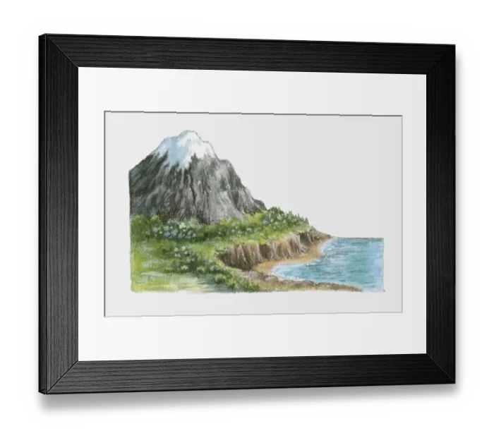 Framed Print : Illustration of snowcapped mountain, lush cliffs and coastline