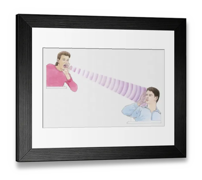 Framed Print : Illustration of woman shouting in mans ear Framed Print : Illustration of woman shouting in mans ear