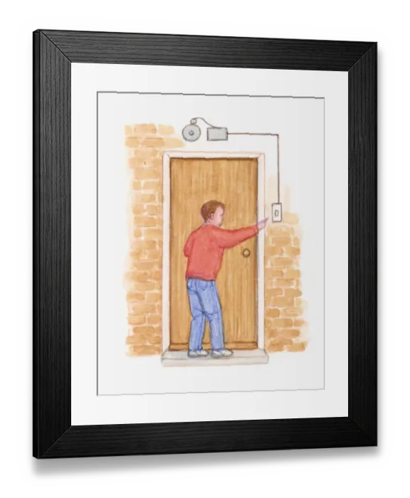 Framed Print : Illustration of man pressing electromagnetic doorbell Framed Print : Illustration of man pressing electromagnetic doorbell