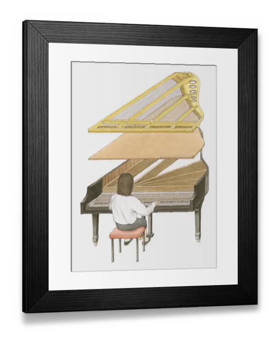 Framed Print : Cross section illustration of woman playing grand piano showing how sound is produced Framed Print : Cross section illustration of woman playing grand piano showing how sound is produced