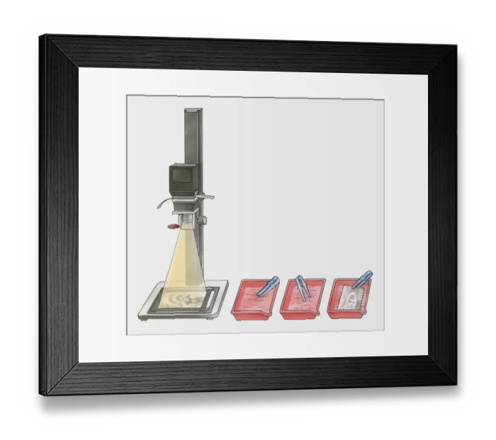 Framed Print : Illustration of photographic enlarging and printing equipment