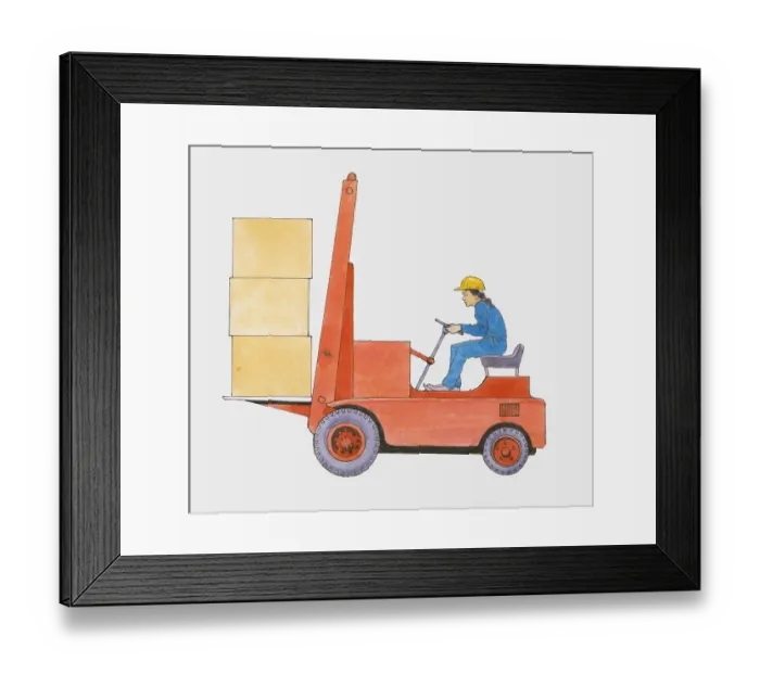 Framed Print : Illustration of woman using forklift transporting large boxes Framed Print : Illustration of woman using forklift transporting large boxes