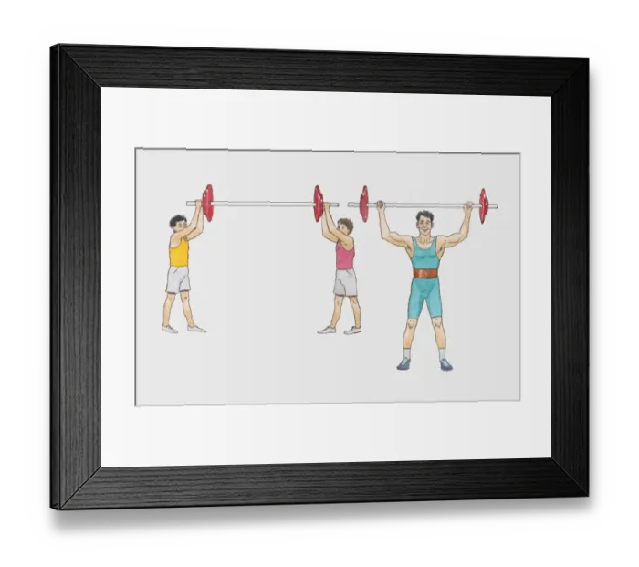 Framed Print : Illustration of man weightlifting and two men holding barbell above heads Framed Print : Illustration of man weightlifting and two men holding barbell above heads