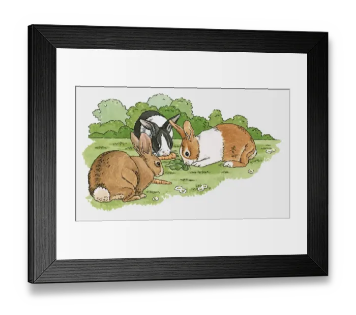 Framed Print : Illustration of pet rabbits eating carrots and lettuce leaf on grass in garden Framed Print : Illustration of pet rabbits eating carrots and lettuce leaf on grass in garden