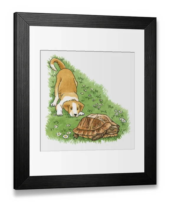 Framed Print : Illustration of curious puppy behind tortoise on grass Framed Print : Illustration of curious puppy behind tortoise on grass