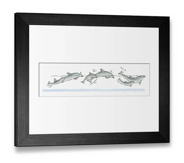 Framed Print : Illustration of pod of adult and young Dolphins swimming Framed Print : Illustration of pod of adult and young Dolphins swimming