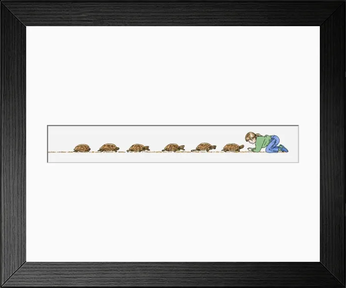 Framed Print : Sequence of illustrations showing tortoise slowly walking toward girl kneeling down Framed Print : Sequence of illustrations showing tortoise slowly walking toward girl kneeling down