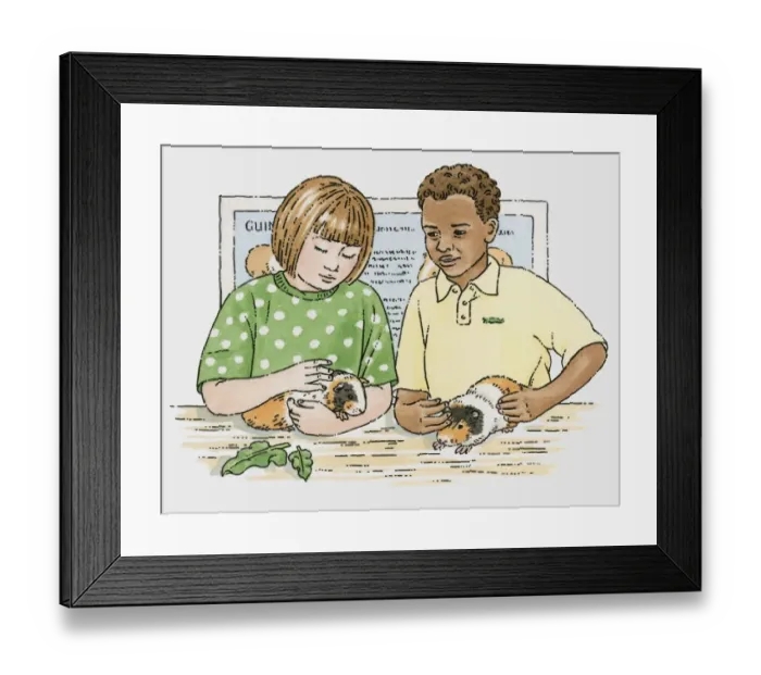 Framed Print : Illustration of girl and boy holding pet guinea pigson table Framed Print : Illustration of girl and boy holding pet guinea pigson table