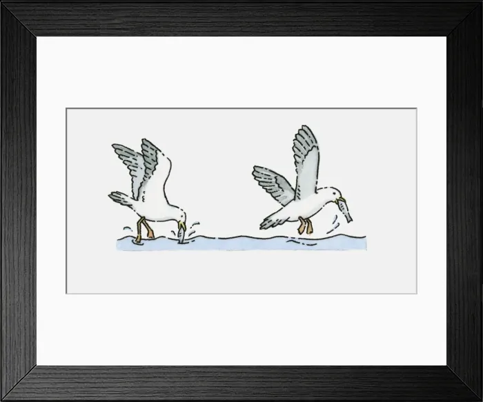 Framed Print : Illustration of Seagulls catching fish in sea Framed Print : Illustration of Seagulls catching fish in sea