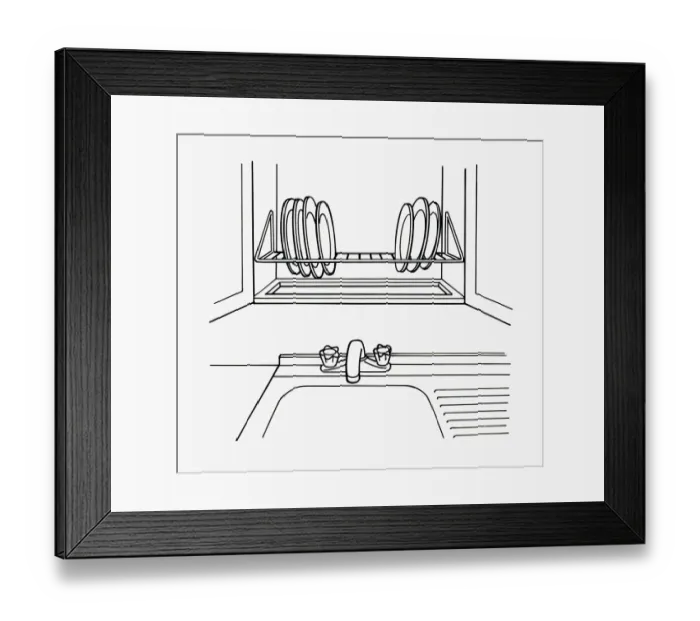 Framed Print : Black and white illustration of plates on rack above kitchen sink Framed Print : Black and white illustration of plates on rack above kitchen sink