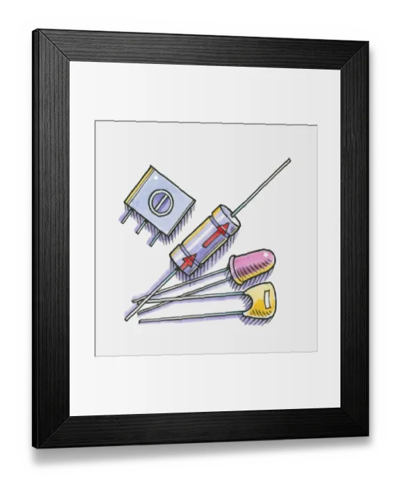 Framed Print : Illustration of electrolytic capacitator, LED, transistor resistor Framed Print : Illustration of electrolytic capacitator, LED, transistor resistor