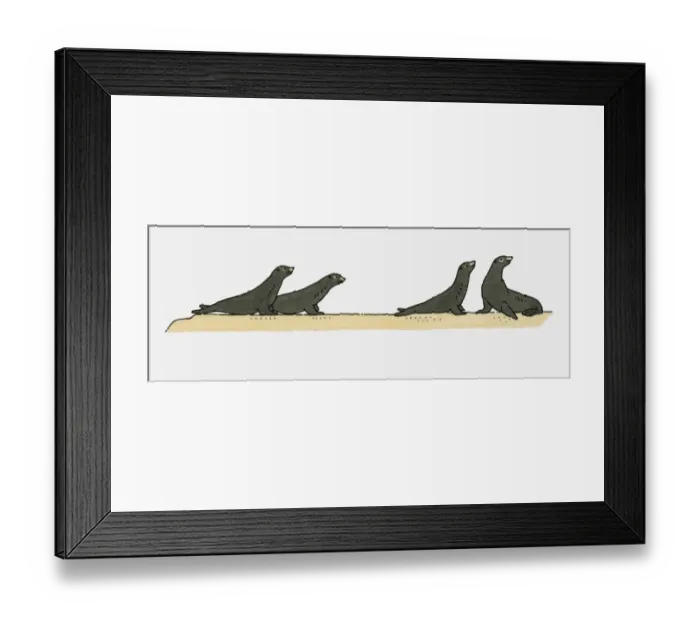 Framed Print : Illustration of four Sea Lions on beach