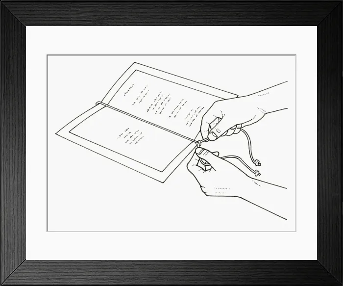 Framed Print : Black and white illustration of adding finishing touches to menu Framed Print : Black and white illustration of adding finishing touches to menu