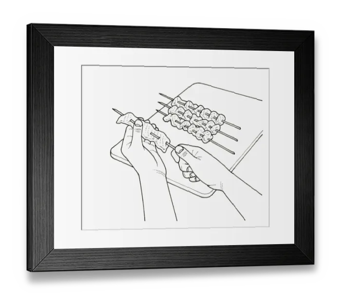 Framed Print : Black and white illustration of putting filleted fish on skewers Framed Print : Black and white illustration of putting filleted fish on skewers