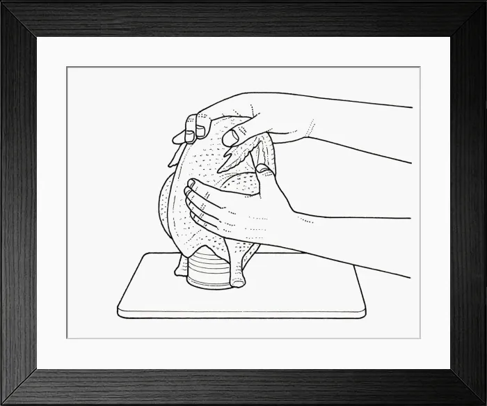 Framed Print : Black and white illustration of raw chicken on tin can filled with wine to add flavour