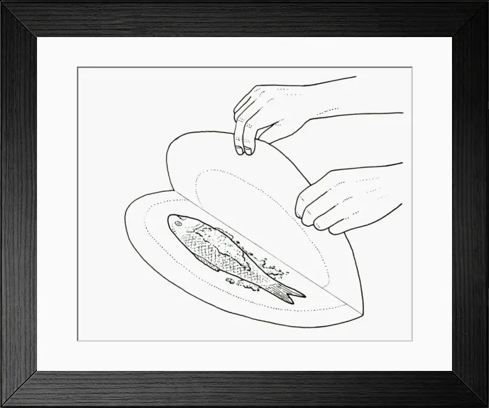 Framed Print : Black and white illustration of wrapping fish in nonstick baking parchment Framed Print : Black and white illustration of wrapping fish in nonstick baking parchment