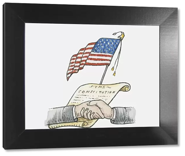 Illustration of handshake in front of US Constitution and American flag