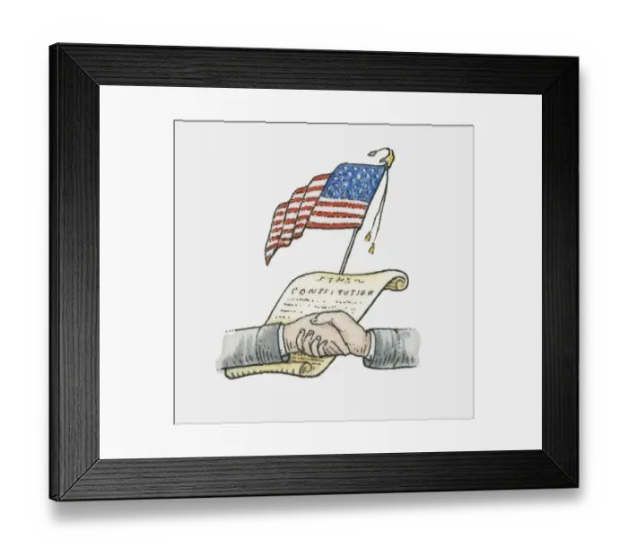 Framed Print : Illustration of handshake in front of US Constitution and American flag Framed Print : Illustration of handshake in front of US Constitution and American flag