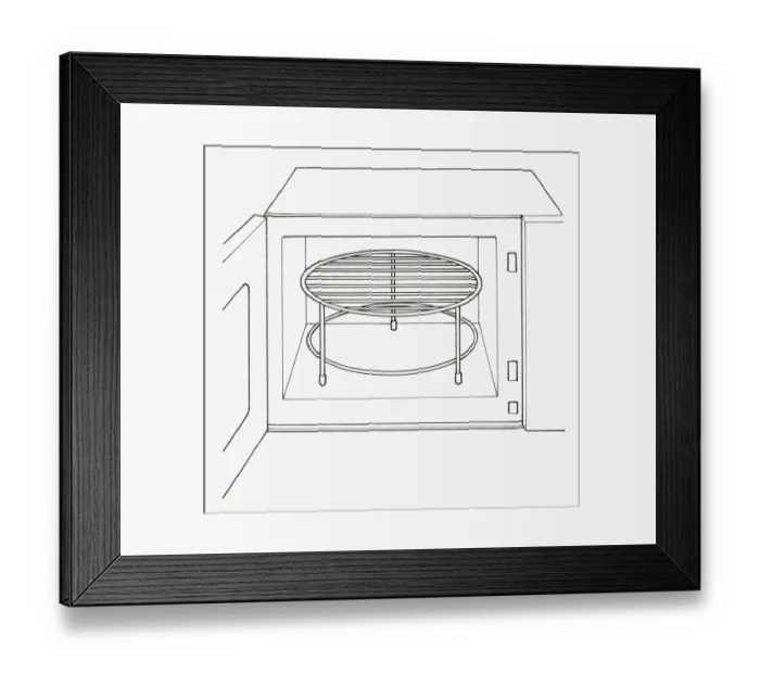 Framed Print : Black and white illustration of trivet inside open microwave