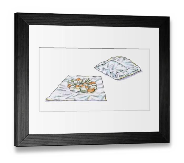 Framed Print : Illustration of chopped vegetables on foil and vegetables wrapped in foil parcel Framed Print : Illustration of chopped vegetables on foil and vegetables wrapped in foil parcel