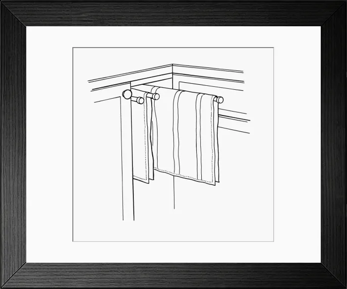 Framed Print : Black and white illustration of tea towels on rail in cupboard Framed Print : Black and white illustration of tea towels on rail in cupboard