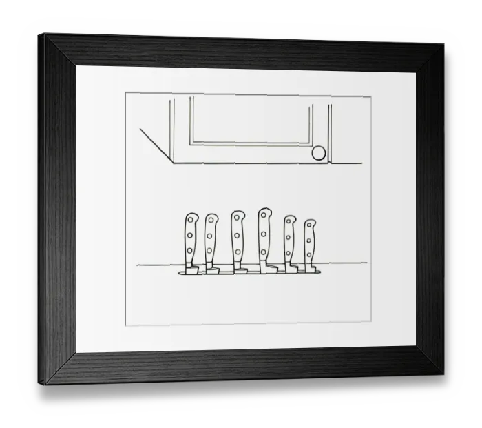 Framed Print : Black and white illustration of row of kitchen knife handles in a slot cut into the worktop Framed Print : Black and white illustration of row of kitchen knife handles in a slot cut into the worktop