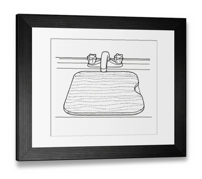 Framed Print : Black and white illustration of chopping board covering kitchen sink to create workspace Framed Print : Black and white illustration of chopping board covering kitchen sink to create workspace