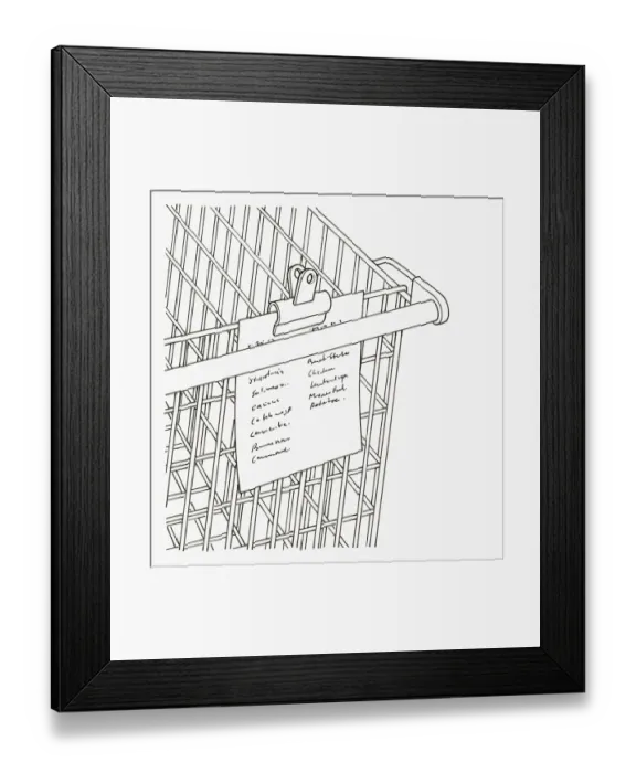 Framed Print : Black and white illustration of shopping list clipped to trolley Framed Print : Black and white illustration of shopping list clipped to trolley