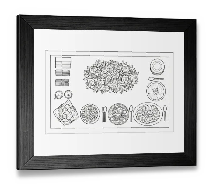 Framed Print : Black and white illustration food, cutlery and centre piece on table Framed Print : Black and white illustration food, cutlery and centre piece on table