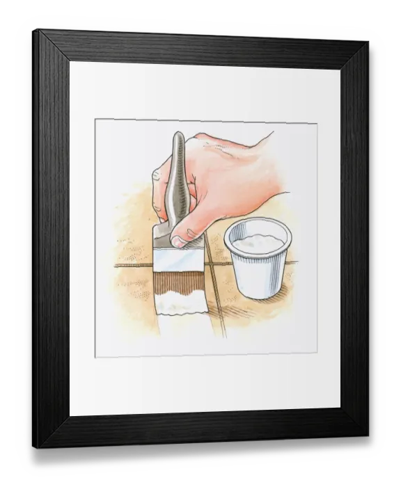 Framed Print : Illustration of using paintbrush and pot of natural yoghurt to age patio paving slabs Framed Print : Illustration of using paintbrush and pot of natural yoghurt to age patio paving slabs