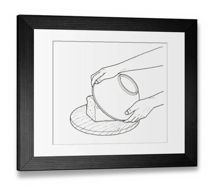 Framed Print : Black and white illustration of covering loaf on chopping board with bowl to retain freshness Framed Print : Black and white illustration of covering loaf on chopping board with bowl to retain freshness