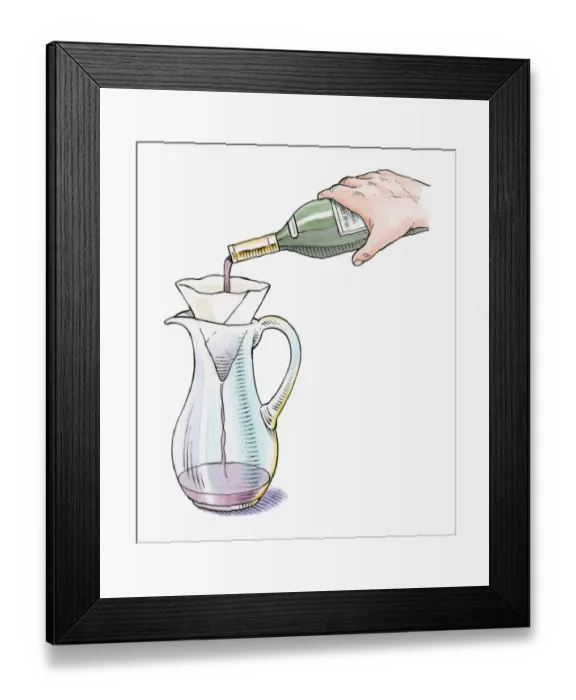 Framed Print : Illustration of decanting red wine into glass jug Framed Print : Illustration of decanting red wine into glass jug