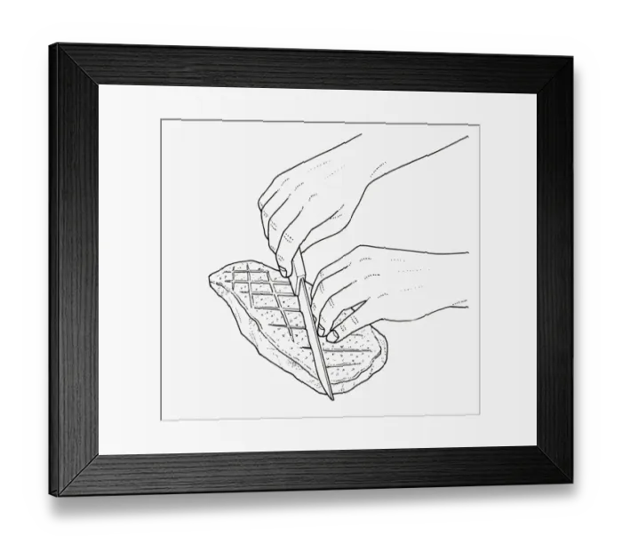 Framed Print : Black and white illustration showing how to prepare duck breast for grilling or frying by scoring sk Framed Print : Black and white illustration showing how to prepare duck breast for grilling or frying by scoring sk