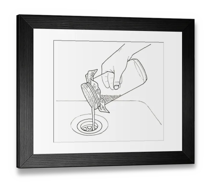 Framed Print : Black and white illustration of rinsing mung beans with water through muslin on top of jar
