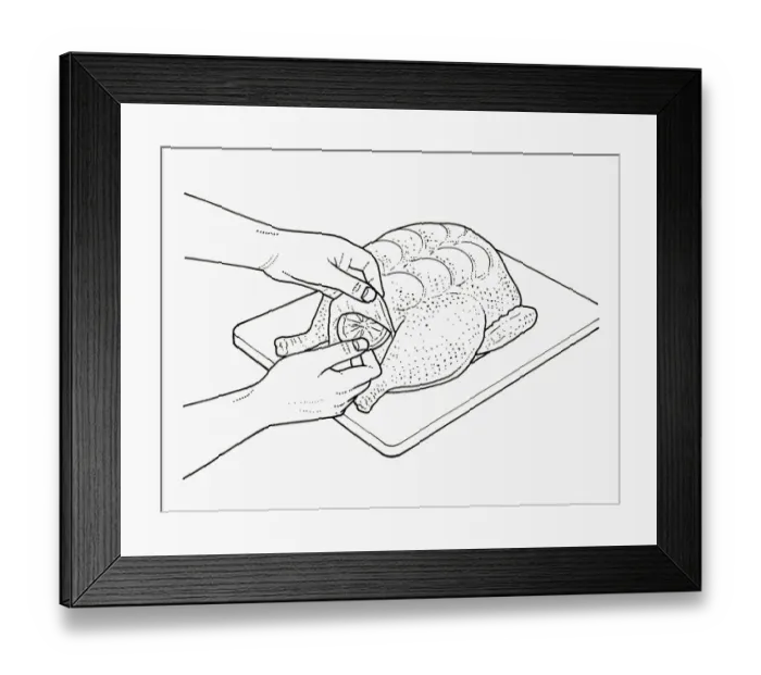 Framed Print : Black and white illustration of flavouring raw chicken with slices of lemon positioned below breast