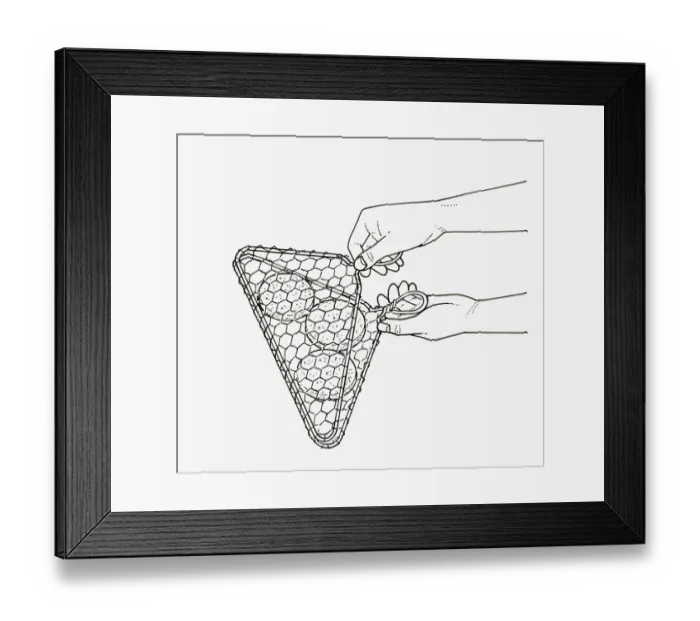 Framed Print : Black and white illustration of hamburgers inside hinged wire barbecue rack Framed Print : Black and white illustration of hamburgers inside hinged wire barbecue rack