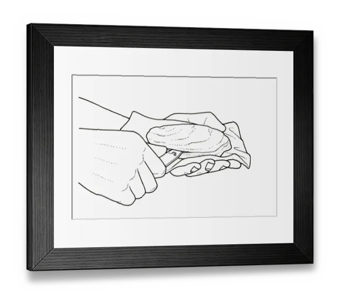 Framed Print : Black and white illustration using tin opener to open oyster shell opening Framed Print : Black and white illustration using tin opener to open oyster shell opening