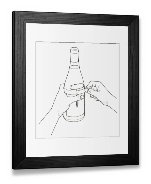 Framed Print : Black and white illustration of taping corkscrew to wine bottle Framed Print : Black and white illustration of taping corkscrew to wine bottle