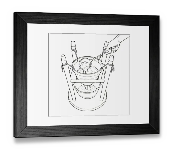 Framed Print : Black and white illustration of straining jelly through bag tied to upturned stool with bowl on base Framed Print : Black and white illustration of straining jelly through bag tied to upturned stool with bowl on base