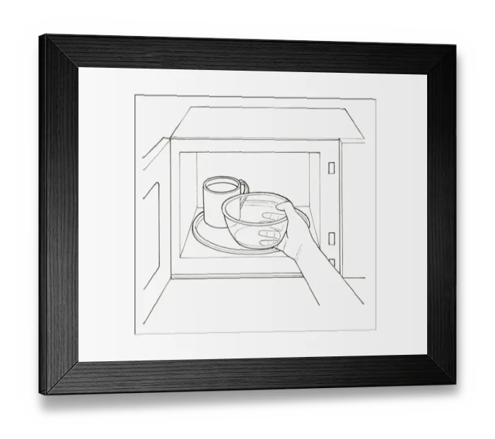 Framed Print : Black and white illustration of positioning empty glass bowl in microwave next to mug full of water Framed Print : Black and white illustration of positioning empty glass bowl in microwave next to mug full of water