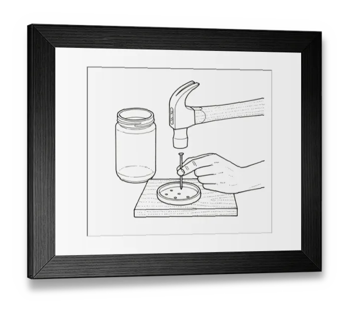 Framed Print : Black and white illustration of making holes in metal lid using hammer and nail Framed Print : Black and white illustration of making holes in metal lid using hammer and nail