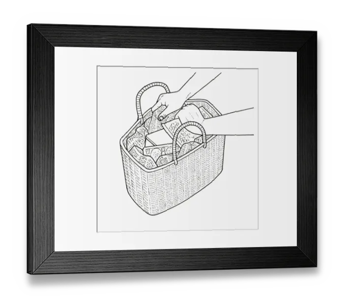 Framed Print : Black and white illustration of lining shopping basket with crumpled newspaper to insulate food as i Framed Print : Black and white illustration of lining shopping basket with crumpled newspaper to insulate food as i