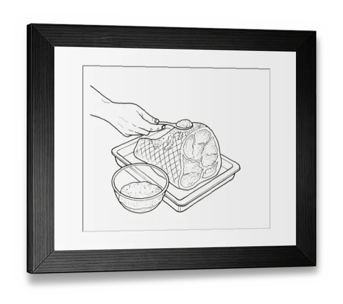 Framed Print : Black and white illustration of glazing roast ham with brown sugar over fat Framed Print : Black and white illustration of glazing roast ham with brown sugar over fat