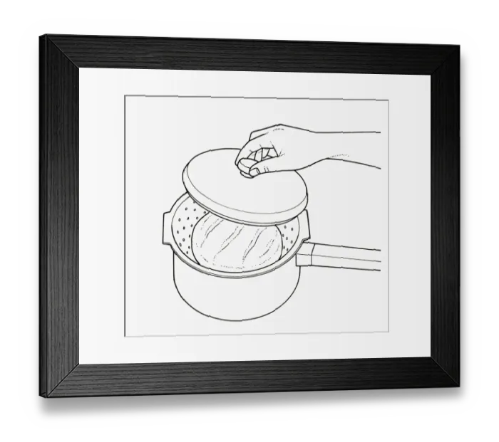 Framed Print : Black and white illustration of reviving stale loaf of bread by steaming in colander in saucepan Framed Print : Black and white illustration of reviving stale loaf of bread by steaming in colander in saucepan