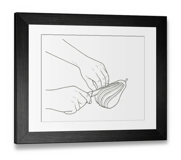 Framed Print : Black and white illustration of using sharp knife to slice pear into fan shape Framed Print : Black and white illustration of using sharp knife to slice pear into fan shape