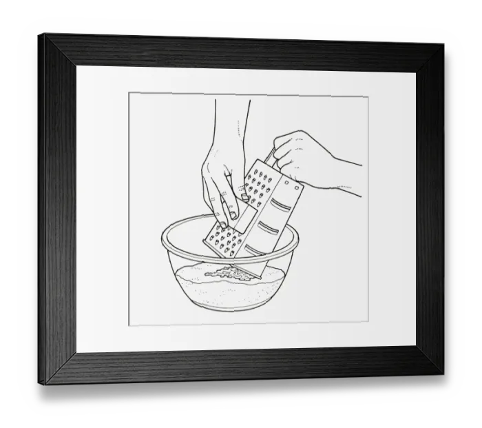 Framed Print : Black and white illustration of grating butter on top of flour in mixing bowl Framed Print : Black and white illustration of grating butter on top of flour in mixing bowl