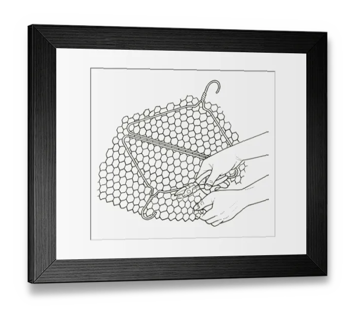 Framed Print : Black and white illustration of making hinged wire barbecue rack from coathanger and wire mesh Framed Print : Black and white illustration of making hinged wire barbecue rack from coathanger and wire mesh