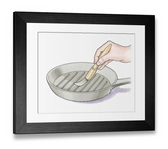 Framed Print : Illustration of using basting brush to oil frying pan Framed Print : Illustration of using basting brush to oil frying pan